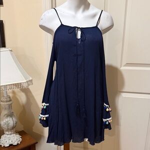 Highness Navy Cold-Shoulder Pom Pom Tunic Dress. One Size/Listing as Medium.